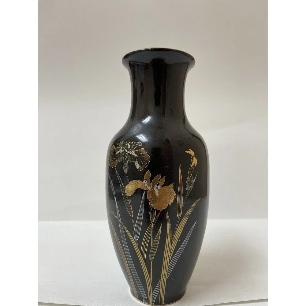Golden Iris Japan Black Ceramic Bud Vase Gold Silver Floral Iris Vintage 8 Inch